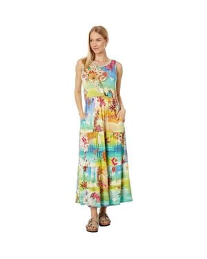 Johnny Was Tie-Dye Sleeveless Tiered Bamboo Midi Dress - Green