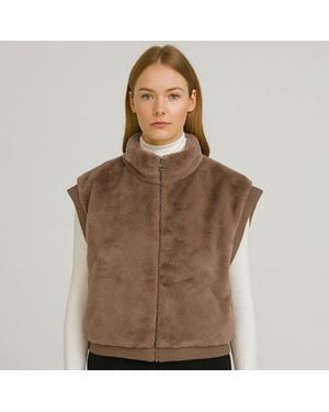 TRUEDAMES Faux Fur Rib Sleeve Vest - Brown