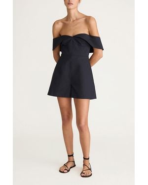 Rebecca Taylor Cotton Sateen Draped Shoulder Romper - Black