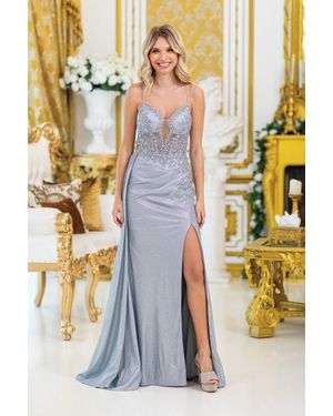 DQ Embellished A-Line Prom Dress Gown With Sheer Bodice And High Slit - Yellow