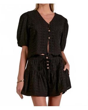 Elan Eyelet Short Sleeve Button Front Top - Black
