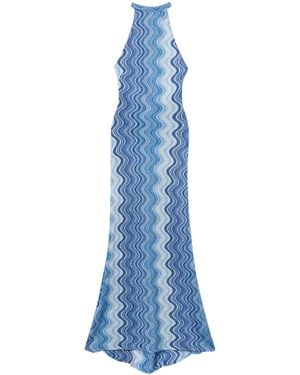 MC2 Saint Barth Halter Neck Maxi Dress With Wavy Abstract Pattern - Blue
