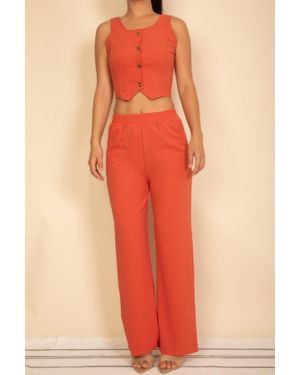 TRUEDAMES Scoop Neck Button Vest & Wide Leg Pants Set - Orange