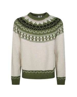 Altea Knitted Crew Neck Sweater With Patterned Yoke And Ribbed Trims - Green