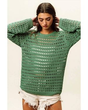 Bibi Crew Neck Open Knit Sweater Top - Green