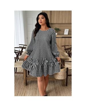 TRUEDAMES Plus Size Plaid Round Neck Floral Cut Dress - Black