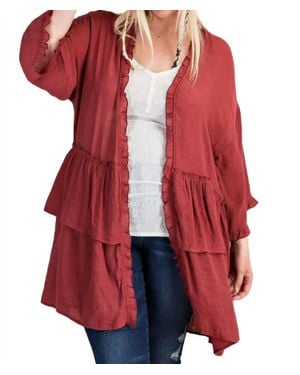 Easel Light Semi Sheer Ruffle Cardigan - Red