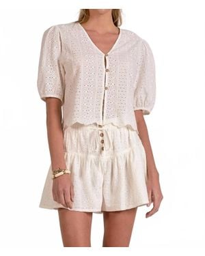 Elan Olivia Eyelet V-Neck Top - White