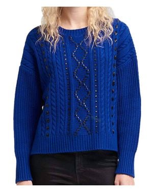 DKNY Faux Leather Cable Knit Sweater - Blue