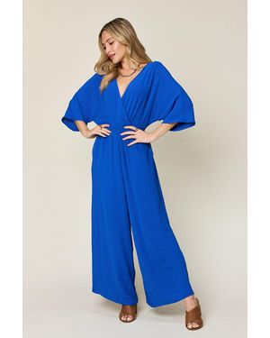 TRUEDAMES Double Take Full Size Surplice Wide Leg Jumpsuit With Pockets - Blue