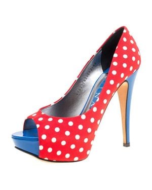 Gina Tricolor Polka Dot Print Canvas Peep Toe Platform Pumps - Red