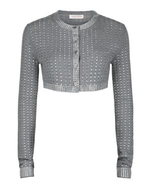 Valentino Cropped Crystal-Embellished Ribbed Wool Cardigan - Gray