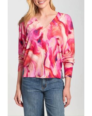 Apny Berry Marble Printed V-Neck Pullover Top - Red