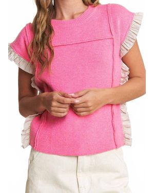 In The Beginning Short Sleeve Sweater With Ruffle Contrast - Pink