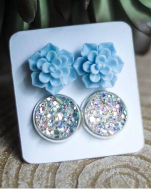 Urban Gemms Succulent & Druzy Stud Earring Set - Blue