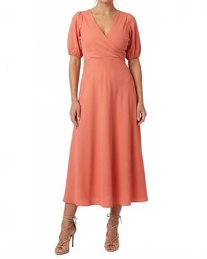 Laundry by Shelli Segal Surplice Neckline Short Puff Sleeve A-Line Midi Dress - Red