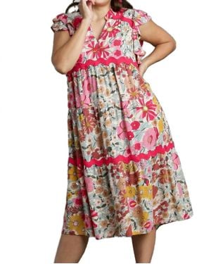 Umgee Floral Ric Rac Midi Dress - Red