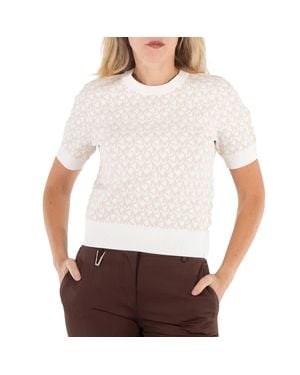 Michael Kors Ladies Bone Logo Jacquard Short-Sleeve Sweater - White