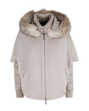Moorer Almond Wool Cape Coat With Arctic Fox Fur Hood - Gray