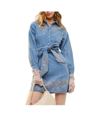 Blue B Embroidery Self Tie Denim Dress - Blue