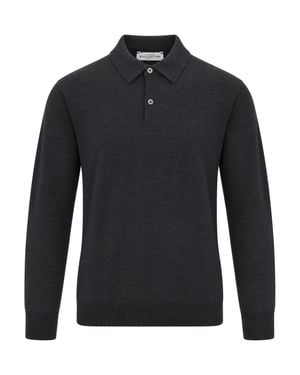 Ballantyne Charcoal Fine Knit Wool Polo Shirt - Blue