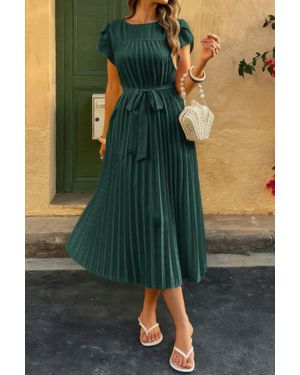 TRUEDAMES Solid Pleated Belt Short Puff Sleeves Fit Dress - Green