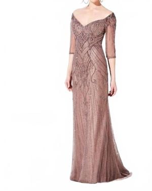 Ivonne D Off Shoulder Beaded Sheath Gown - Pink