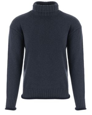 Giorgio Armani Ribbed High Neck Cashmere Sweater With Semi-Rolled Edges - Blue