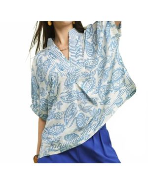Umgee Botanical Print Mixed Trim Tunic Top - Blue