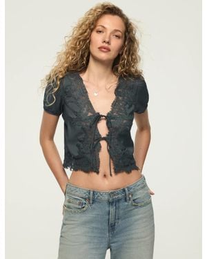 Lucky Brand Lace Trim Flyaway Top - Blue