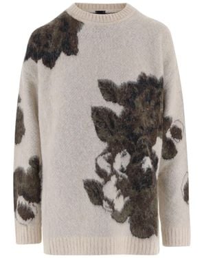 Pinko Wool And Alpaca Blend Sweater With Floral Jacquard Patterns - Gray
