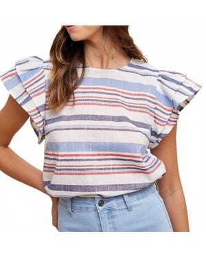 Anniewear Striped Ruffle Sleeve Top - Blue