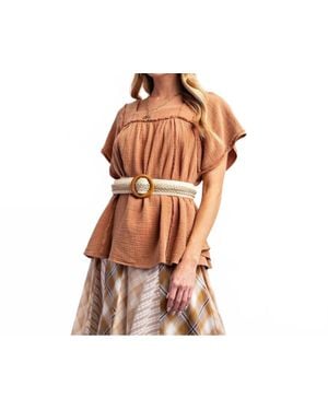 Easel Mineral Washed Babydoll Knit Top - Brown