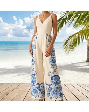 TRUEDAMES Summer V-Neck Fashion Print Halter Wide-Leg Jumpsuit - Blue
