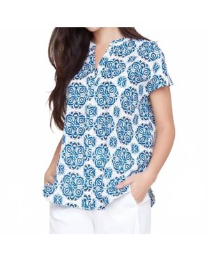 Renuar Sleeve Mandarin Top - Blue