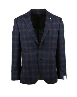Luigi Bianchi Checkered Wool Cotton Cashmere Blend Jacket With Soft Texture - Blue
