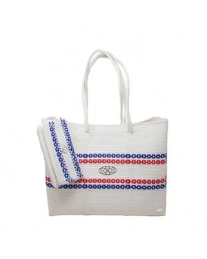Lolas Bag Woven Line Striped Travel Tote Bag With Clutch - Blue