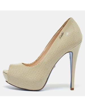 Loriblu Perforated Patent Leather Peep Toe Platform Pumps - Natural