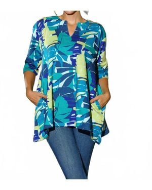 KikiSol Searenity Leaf French Terry Tunic With Pockets - Blue