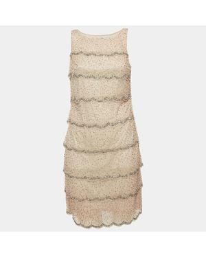 Adrianna Papell Evening Beaded Tulle Tiered Mini Dress - Natural