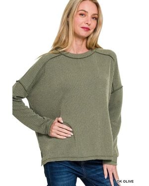 TRUEDAMES Full Size Exposed Seam Long Sleeve Corded Rib Knit Top Plus Size - Green