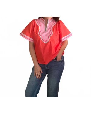 Thml Wide Sleeve Contrast Trim V-Neck Top - Red
