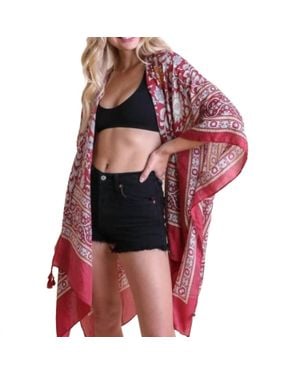 Leto Touch Of Morocco Tapestry Tassel Boho Kimono Wrap Shawl - Red