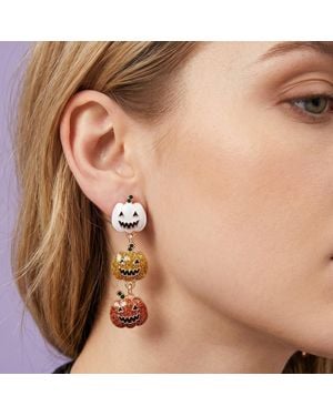 Fashnzfab Glittered Enamel Halloween Pumpkin Link Dropdown Earrings - Brown