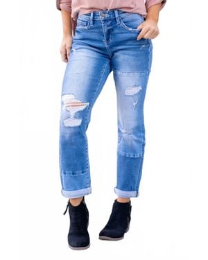 Flying Monkey High Rise Color Block Cuffed Boyfriend Jeans - Blue