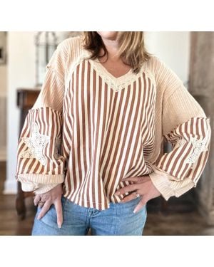 Pol Oversized Striped Balloon Sleeve Top - Brown