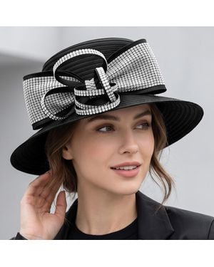 Fashnzfab Bling Studded Bow Accent Wide Brim Statement Dressy Hat - Black