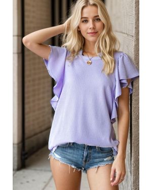 TRUEDAMES Heimish Full Size Ruffled Sleeve Ribbed Top - Blue
