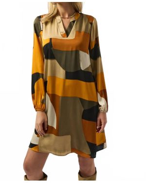 Joseph Ribkoff Geometric Long Sleeve Trapeze Dress - Yellow
