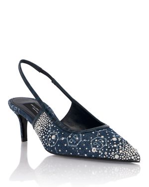 Philipp Plein Denim Mid Heels Slingbacks Monogram Strass - Blue
